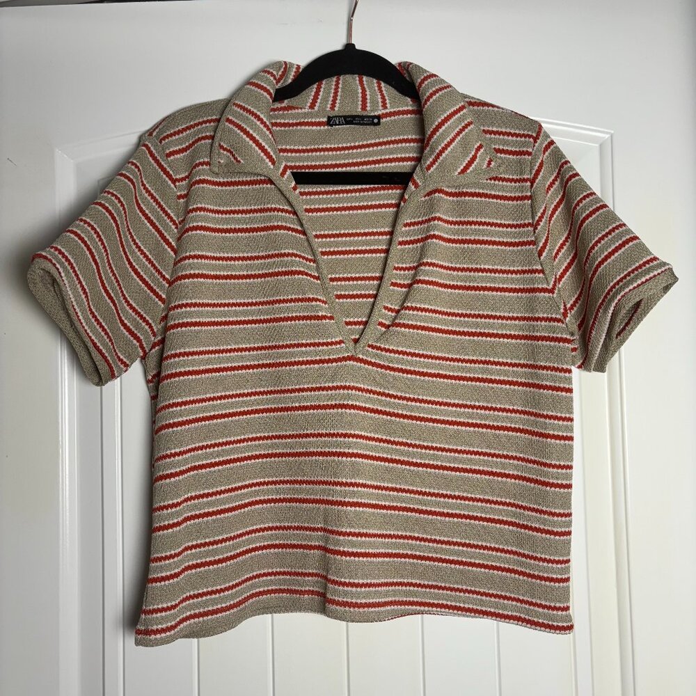 Zara Striped Beige and Orange Collared Short Sleeve Top Large